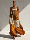 Women's Casual Vacation-Style Ribbed & Cotton-Linen Paneled Maxi Sundress ZMZ0866E5ZYY