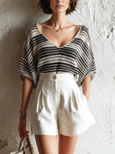 Women's Daily Commute Set: V-Neck Striped Knit Top And High-Waisted Cotton Shorts Set ZMZ0874E7U