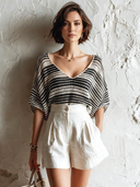 Women's Daily Commute Set: V-Neck Striped Knit Top And High-Waisted Cotton Shorts Set ZMZ0874E7U