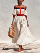 Women's Vintage Off-Shoulder Cotton Maxi Dress With Webbing Splicing ZMZ0901E7U