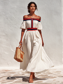 Women's Vintage Off-Shoulder Cotton Maxi Dress With Webbing Splicing ZMZ0901E7U