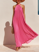 Women's Vacation Pink Sleeveless Backless Pleated Chiffon Loose Maxi Dress ZMZ0972E8U