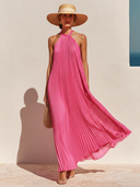 Women's Vacation Pink Sleeveless Backless Pleated Chiffon Loose Maxi Dress ZMZ0972E8U