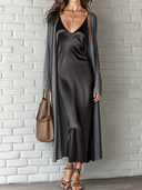 Women's Retro Casual Satin Camisole Midi Dress And Cotton Cardigan Set ZMZ0948E9ZJY