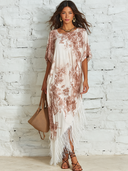 Women's Retro Casual Elegant Floral Print Short-Sleeve Tassel Midi Dress ZMZ0983E0ZJY