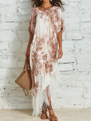 Women's Retro Casual Elegant Floral Print Short-Sleeve Tassel Midi Dress ZMZ0983E0ZJY