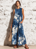 Women's Retro Casual Color-Block Print Crew-Neck Sleeveless Midi Dress ZMZ0906E3ZJY