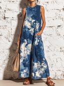 Women's Retro Casual Color-Block Print Crew-Neck Sleeveless Midi Dress ZMZ0906E3ZJY
