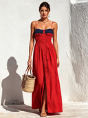 Women's Classic Retro Color-Block Cotton Strappy Dress With Front Slit ZMZ0998E6U