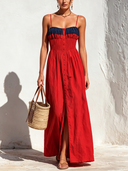 Women's Classic Retro Color-Block Cotton Strappy Dress With Front Slit ZMZ0998E6U