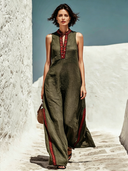 Women's Retro Loose Cotton Linen Ethnic Style Ribbon Sleeveless Maxi Dress ZMZ0968E0U