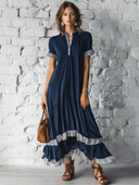 Women's Retro Casual Cotton Ruffle Patchwork Short-Sleeve Midi Dress ZMZ0960E5ZJY