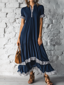 Women's Retro Casual Cotton Ruffle Patchwork Short-Sleeve Midi Dress ZMZ0960E5ZJY