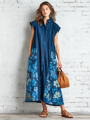Women's Vintage Casual Cotton-Linen Patchwork Floral Print Sleeveless Midi Shirt Dress ZMZ0919E4ZJY