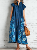 Women's Vintage Casual Cotton-Linen Patchwork Floral Print Sleeveless Midi Shirt Dress ZMZ0919E4ZJY