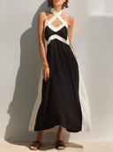 Women's Fashion & Casual Black And White Color-Block Cotton-Linen Sleeveless Maxi Dress ZMZ0930E1ZYY