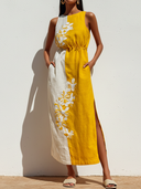 Women's Retro Casual Color-Block Patchwork Cotton-Linen— Embroidered, Round Neck, Sleeveless, Midi Dress ZMZ0993E8ZYY