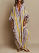 Women's Vintage Casual V-Neck, Short Sleeve, Color-Block Stripes Cotton-Linen Maxi Dress ZMZ0977E5ZYY