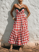 Women's Casual Holiday Slim-Fit Red & White Gingham Cotton-Linen Blend With Lace-Trimmed Neckline And Spaghetti Straps Dress ZMZ0975E9ZYY