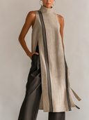 Women's Cotton And Linen Color-blocked Turtleneck Slit Mini Dress ZMZ0910E6XT