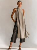 Women's Cotton And Linen Color-blocked Turtleneck Slit Mini Dress ZMZ0910E6XT