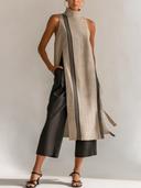 Women's Cotton And Linen Color-blocked Turtleneck Slit Mini Dress ZMZ0910E6XT