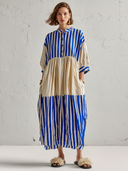 Women's Casual Vacation-Style Color-Block Striped Patchwork Henley-Neck Loose-Fit Short-Sleeve Midi Dress ZMZ0929E4ZYY