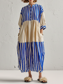 Women's Casual Vacation-Style Color-Block Striped Patchwork Henley-Neck Loose-Fit Short-Sleeve Midi Dress ZMZ0929E4ZYY