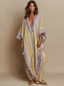 Women's Vintage Casual V-Neck, Short Sleeve, Color-Block Stripes Cotton-Linen Maxi Dress ZMZ0977E5ZYY