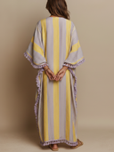 Women's Vintage Casual V-Neck, Short Sleeve, Color-Block Stripes Cotton-Linen Maxi Dress ZMZ0977E5ZYY