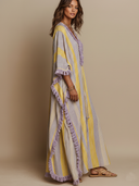 Women's Vintage Casual V-Neck, Short Sleeve, Color-Block Stripes Cotton-Linen Maxi Dress ZMZ0977E5ZYY