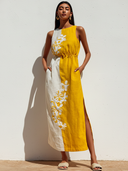 Women's Retro Casual Color-Block Patchwork Cotton-Linen— Embroidered, Round Neck, Sleeveless, Midi Dress ZMZ0993E8ZYY