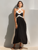 Women's Fashion & Casual Black And White Color-Block Cotton-Linen Sleeveless Maxi Dress ZMZ0930E1ZYY