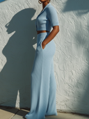 Women's Casual Chic Cotton-Yarn Knit Ribbed Crop Top & Wide-Leg Pants Two-Piece Set ZMZ0880E5YZH