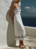 Women's Vacation Style Linen-Cotton Blend Striped Embroidered Midi Dress ZMZ0819E6YZH