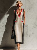 Women's Classic Cotton-Linen Color-Block V-Neck Sleeveless Midi Dress ZMZ1187E9U