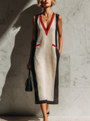 Women's Classic Cotton-Linen Color-Block V-Neck Sleeveless Midi Dress ZMZ1187E9U