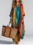 Women's Casual Vacation-Style Loose Fit, Short Sleeves, V-Neck, And Contrast Color Design Cotton-Linen Maxi Dress ZMZ1172E6ZYY