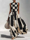 Women's Casual & Stylish Cotton-Linen Blend With Plaid And Stripe Paneling Sleeveless Maxi Dress ZMZ1139E4ZYY