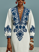 Women's Casual V-Neck Floral Print Cotton-Linen Maxi Dress ZMZ1149E9XT