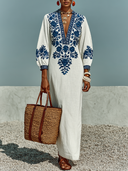 Women's Casual V-Neck Floral Print Cotton-Linen Maxi Dress ZMZ1149E9XT