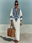 Women's Casual V-Neck Floral Print Cotton-Linen Maxi Dress ZMZ1149E9XT