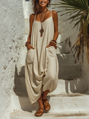 Women's Casual Solid-Color Cotton Strappy Jumpsuit ZMZ1116E8XT