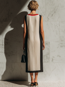 Women's Classic Cotton-Linen Color-Block V-Neck Sleeveless Midi Dress ZMZ1187E9U