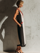 Women's Classic Cotton-Linen Color-Block V-Neck Sleeveless Midi Dress ZMZ1187E9U