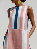 Women's Casual Vacation-Style Contrast-Print, Crew Neck, Sleeveless Cotton-Linen Maxi Dress ZMZ0788E7ZYY