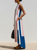 Women's Casual Vacation-Style Contrast-Print, Crew Neck, Sleeveless Cotton-Linen Maxi Dress ZMZ0788E7ZYY