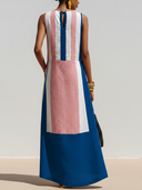 Women's Casual Vacation-Style Contrast-Print, Crew Neck, Sleeveless Cotton-Linen Maxi Dress ZMZ0788E7ZYY