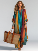 Women's Casual Vacation-Style Loose Fit, Short Sleeves, V-Neck, And Contrast Color Design Cotton-Linen Maxi Dress ZMZ1172E6ZYY