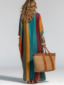 Women's Casual Vacation-Style Loose Fit, Short Sleeves, V-Neck, And Contrast Color Design Cotton-Linen Maxi Dress ZMZ1172E6ZYY